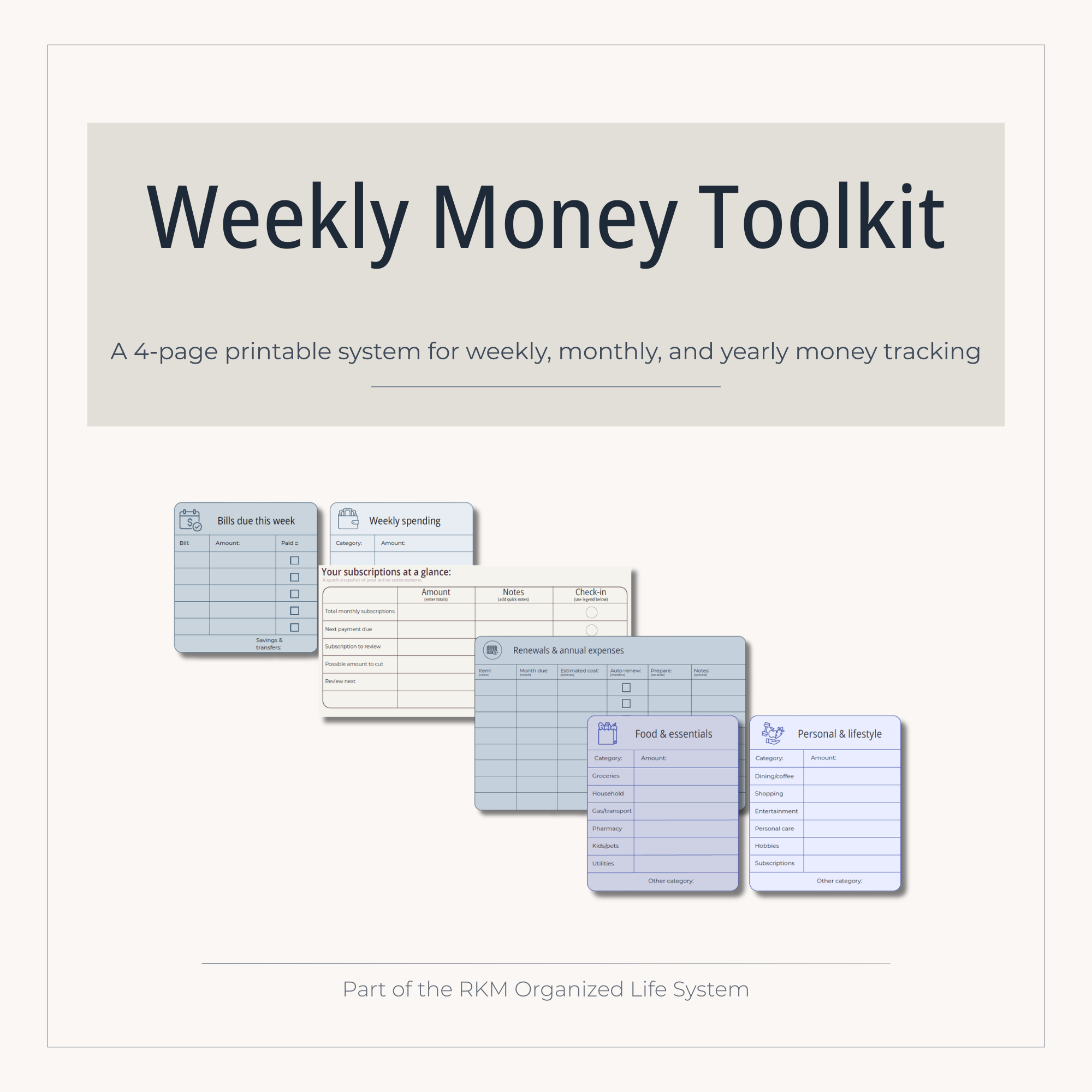 Weekly Money Toolkit (Printable PDF Bundle) | A simple 4-page system for tracking spending, subscriptions, and upcoming expenses each week.