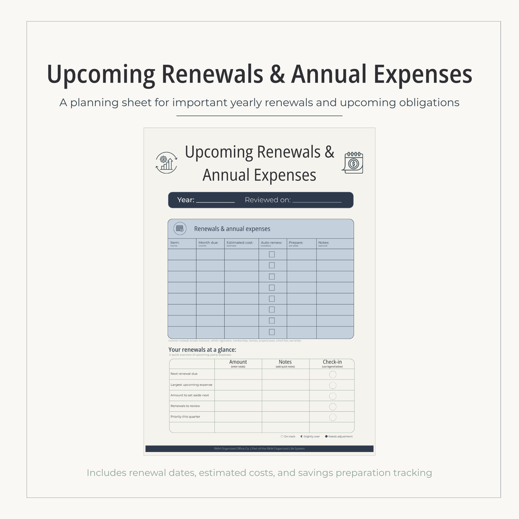 Upcoming Renewals & Annual Expenses (Printable PDF) | Stay ahead of larger yearly costs before they arrive.