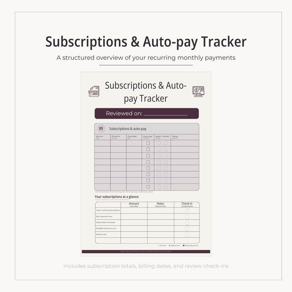 Subscriptions & Auto-Pay Tracker (Printable PDF) | A simple place to track recurring payments before they sneak up on you.
