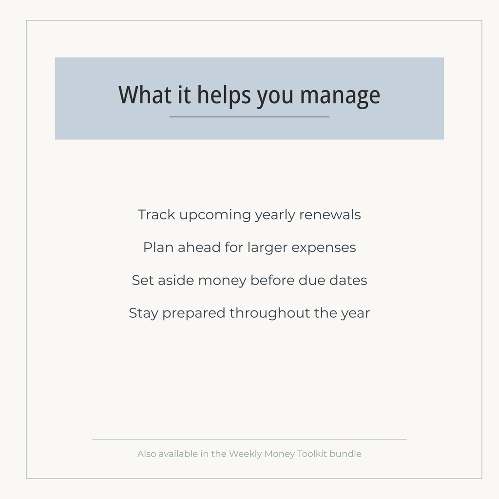 Upcoming Renewals & Annual Expenses (Printable PDF) | Stay ahead of larger yearly costs before they arrive.