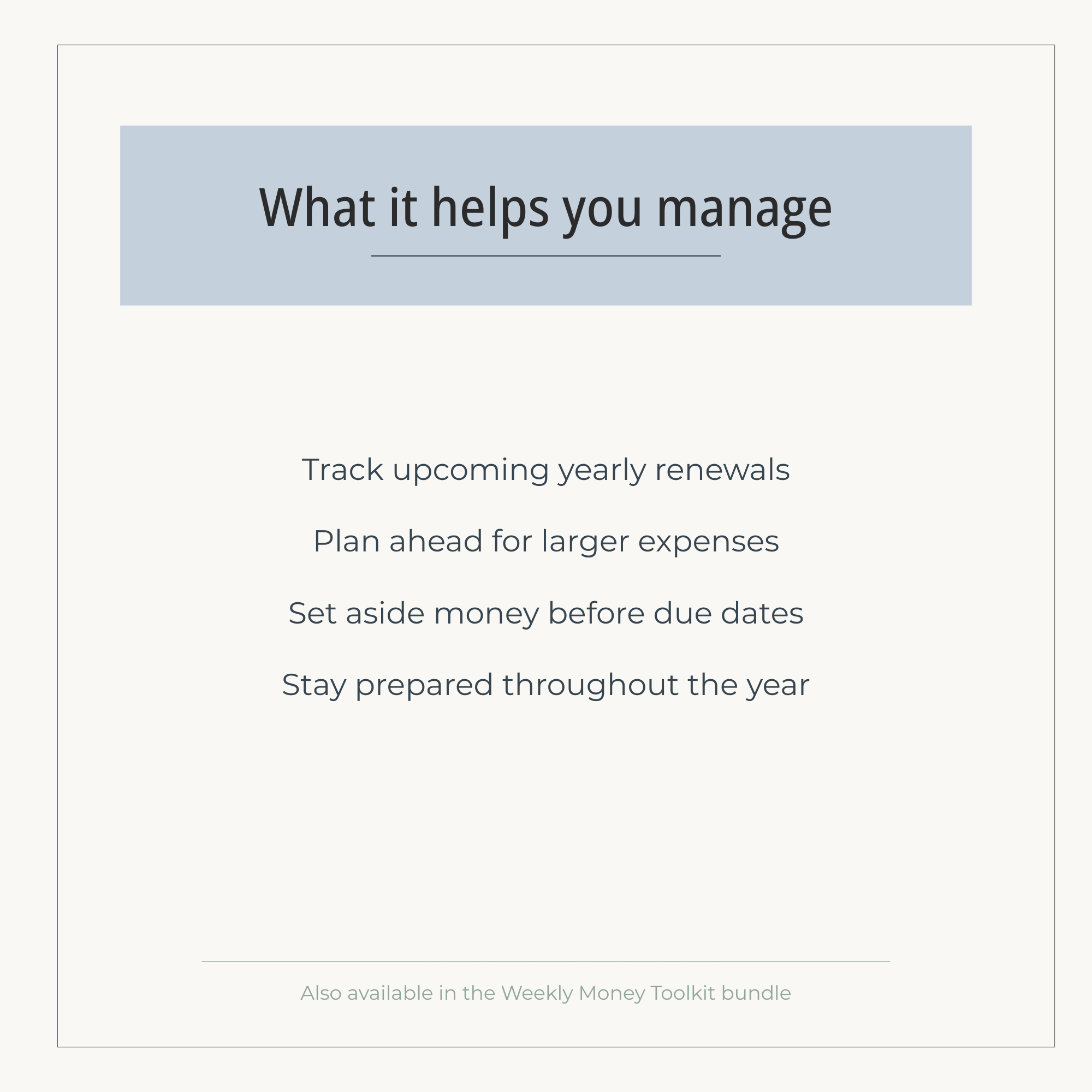 Upcoming Renewals & Annual Expenses (Printable PDF) | Stay ahead of larger yearly costs before they arrive.
