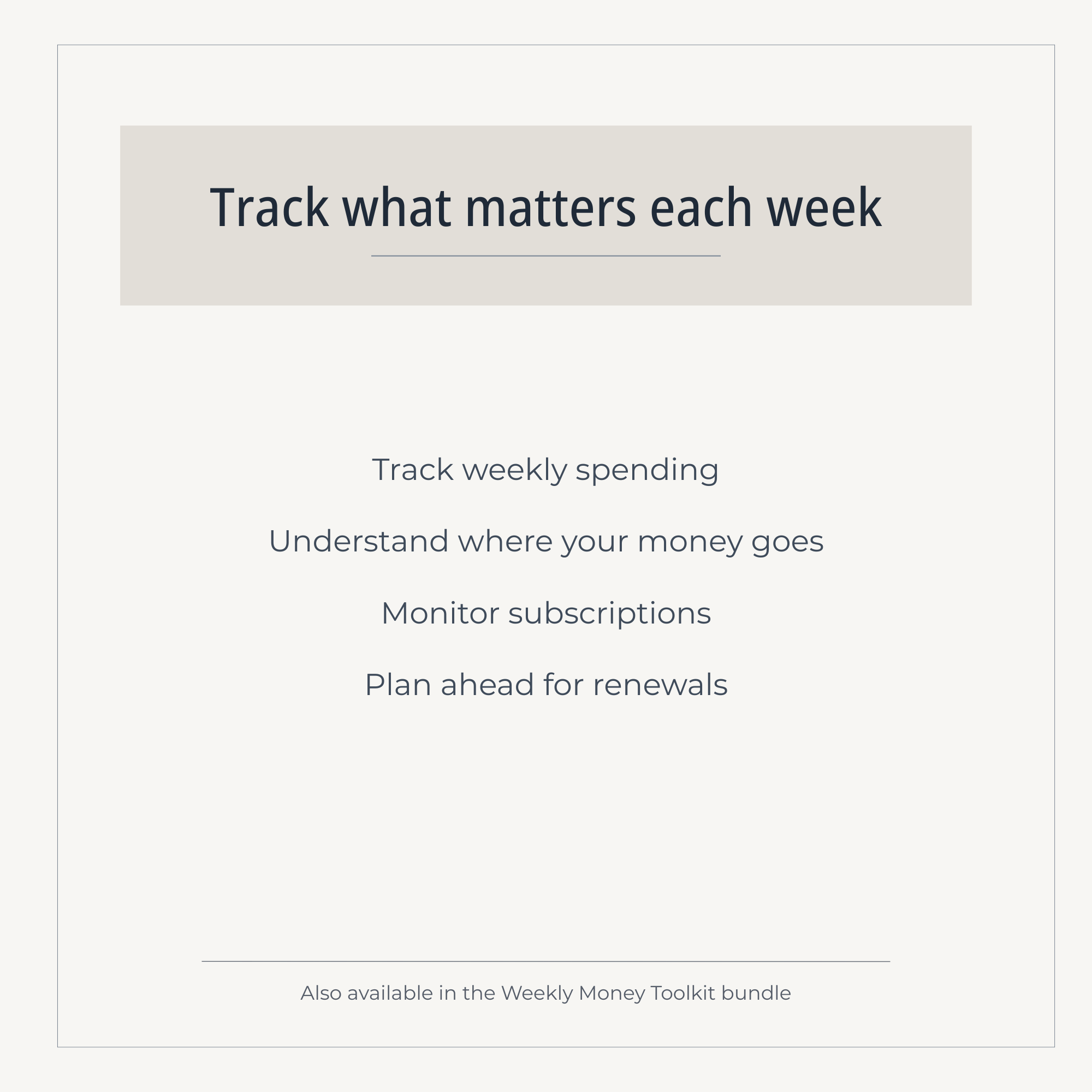 Weekly Money Toolkit (Printable PDF Bundle) | A simple 4-page system for tracking spending, subscriptions, and upcoming expenses each week.